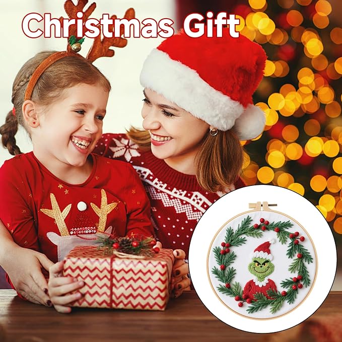 BBLYBD Christmas Embroidery Kit, 1 Set Cross Stitch Craft Kit for Beginners with Pre-Printed Embroidery Fabric, Hoop, Step-by-Step Instruction, Color Threads & Needles (Christmas-1 Set)