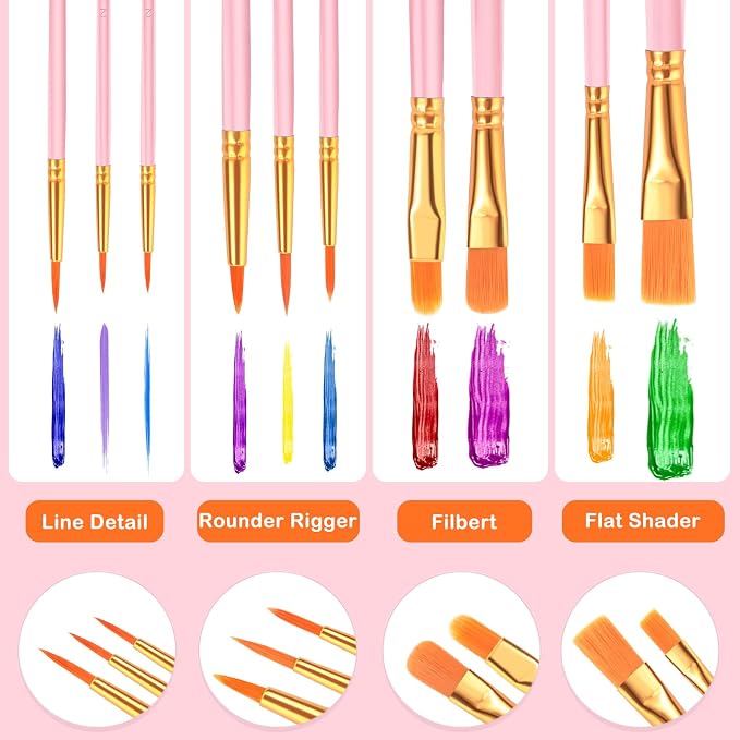 ESRICH 20PCS Pink Paint Brushes, Paint Brush for Acrylic Painting | Artist Paintbrushes for Oil Watercolor, Body Face Rock Canvas, Small Paint Brushes for Kids