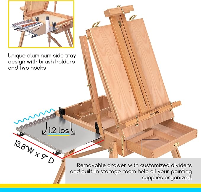 MEEDEN Portable French Sketchbox Art Easel: Foldable Standing Field Easel | Beechwood Travel Easel with Drawer, Palette & Metal Tray, for Adult Artists Watercolor Painting, Holds Canvas Up to 34"