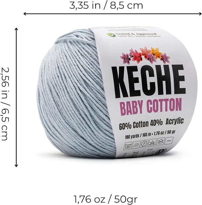 Keche Baby Cotton, 60% Cotton 40% Acrylic Yarn, Soft Cotton Yarn for Crochet and Knitting, Amigurumi Yarn 1 Skein/Ball 1.76 Oz (50g) / 180 Yrds (165m) - Light Blue Grey