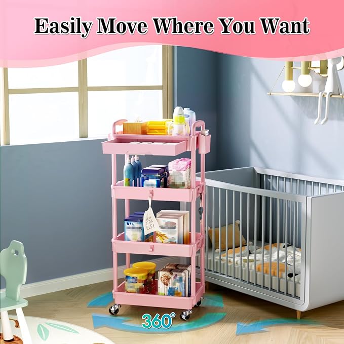 SUNALLY 4 Tier Rolling Cart with Drawer, Craft Storage Cart Organizer, Pink