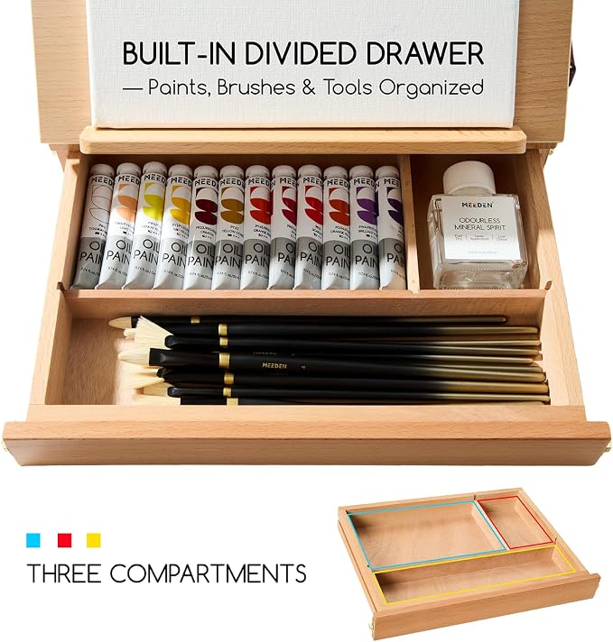 MEEDEN Table Top Easel with Drawer: Tabletop Easel with Sketching Board | Portable Painting Easel with Storage - Wood Pochade Sketch Box for Artist Art Students Beginners Natural