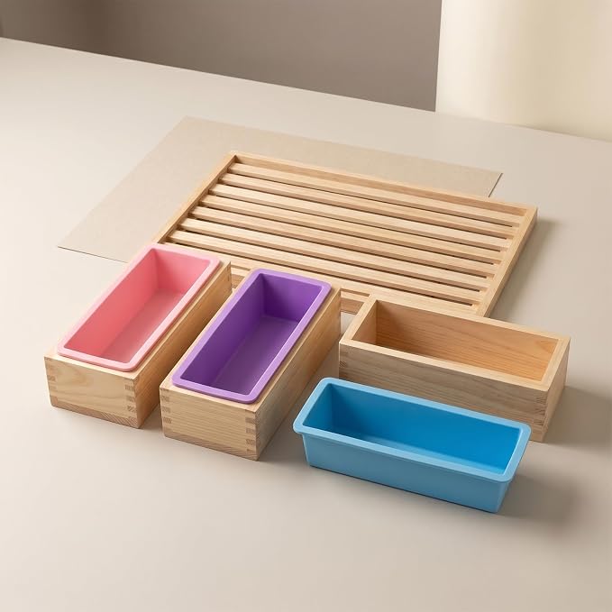 4 Pcs Flexible Rectangular Soap Loaf Mold Silicone Molds with Wood Box 42oz | Soap Making Mollds DIY Tool, for Homemade Soap Making, Purple, Green, Blue, Pink