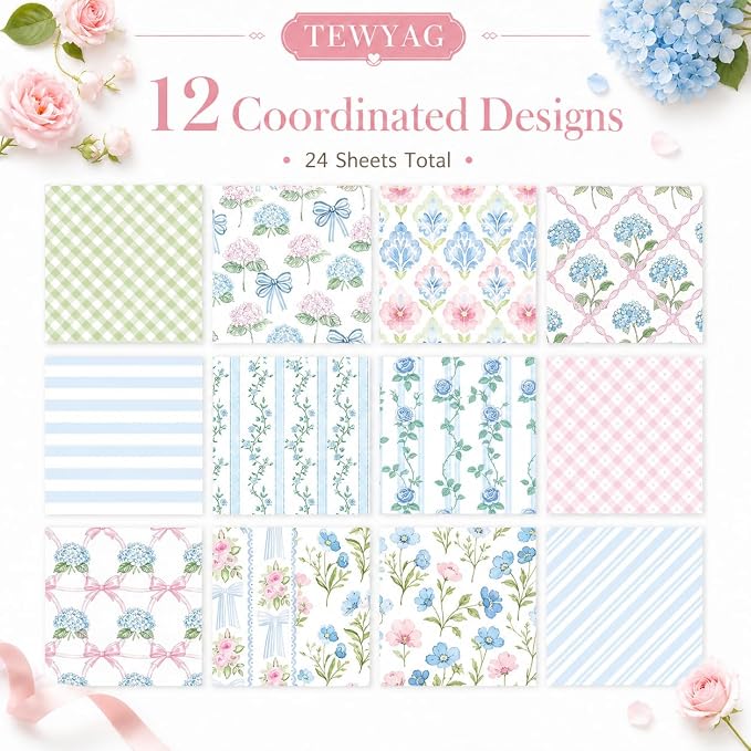 Blue Scrapbook Paper Double Sided 12x12 Watercolor Hydrangea 24 Sheets