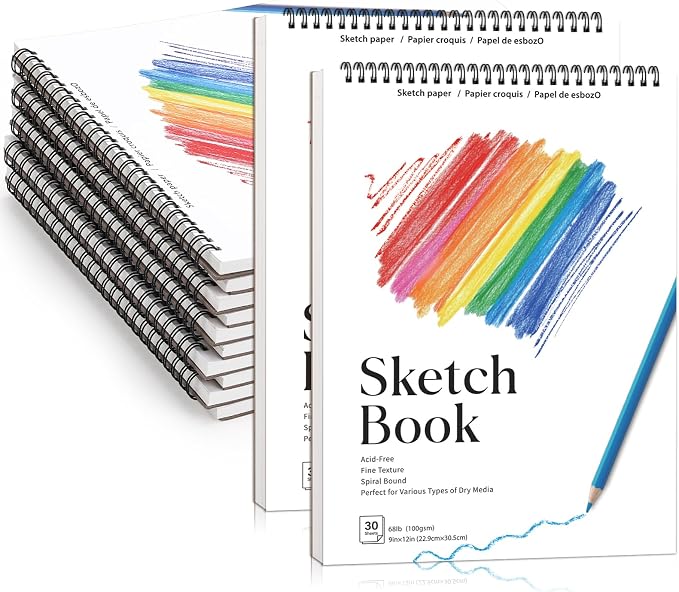 12 Pack Sketch Books 9 × 12 in, Spiral Bound, Acid-Free Paper | 30 Sheets Each, 68lb/100gsm Paper, Hardcover with Backboard, Lay-Flat Spiral, for Kids Beginners & Artists
