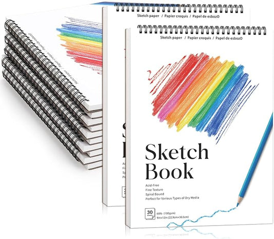 12 Pack Sketch Books 9 × 12 in, Spiral Bound, Acid-Free Paper | 30 Sheets Each, 68lb/100gsm Paper, Hardcover with Backboard, Lay-Flat Spiral, for Kids Beginners & Artists