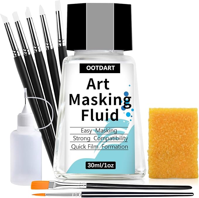 Watercolor Masking Fluid, Liquid Masking for Painting Watercolor Accessories with Silicone Pen Cleaning Brush Retouching and Covering for Painting and Various Art Projects Supplies,White (30ml)