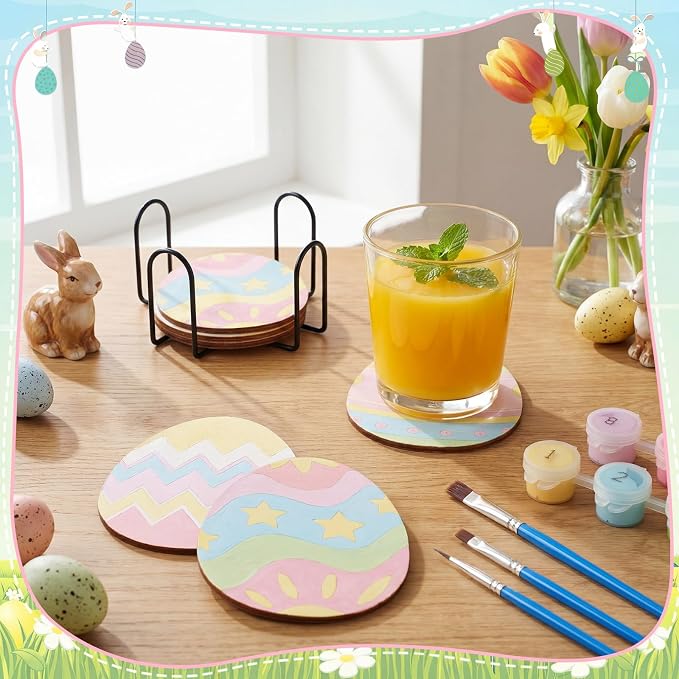 Reallnaive 8 Pcs Easter Eggs Paint by Numbers Kit for Adults Wooden Coaster | Mini Paint by Numbers, Tiny Cute Round Oil Painting Drink Coaster with Holder, for Small DIY Craft Birthday Gift