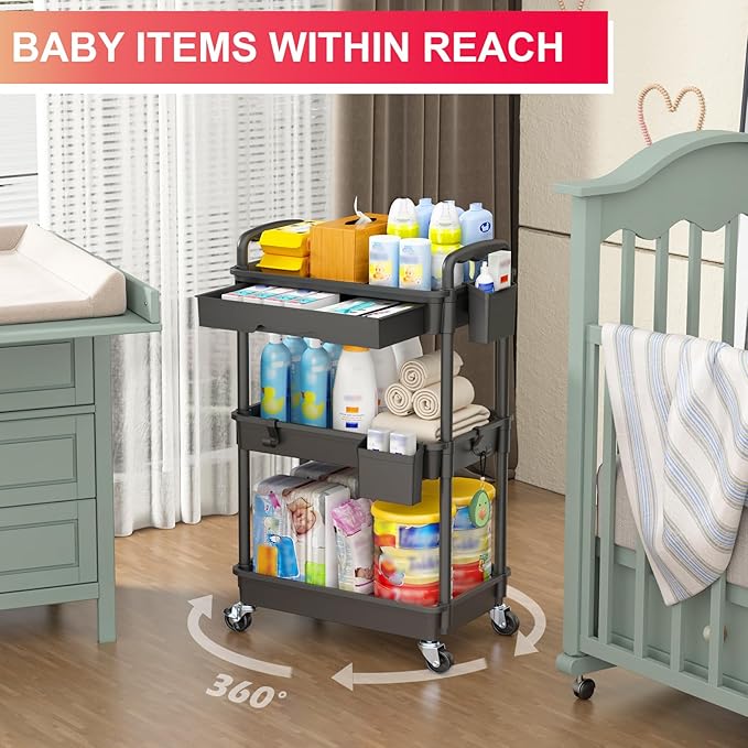 Goovilla 3 Tier Rolling Utility Cart Organizer with Removable Drawer, Black | Stable and Sturdy Rolling Storage Carts with 2 Lockable Wheels for Bathroom, Kitchen, Snack, Craft, Makeup, Baby Essentials