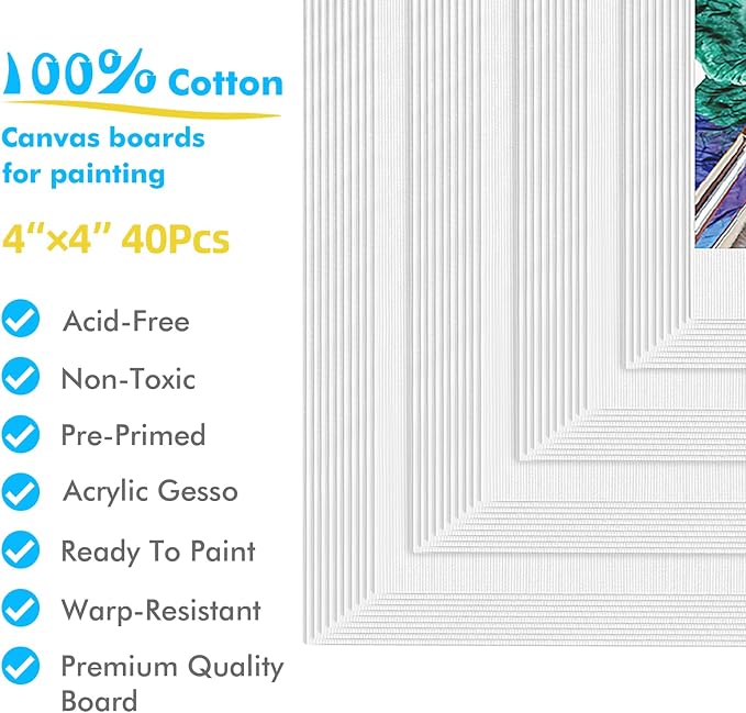 Gotideal Canvas Boards for Painting, 40pcs 4x4 | Primed Canvas, Bulk Painting Canvas for Kids and Adults, White Blank Canvas Panels, for Acrylic, Oil, Pour Art Supplies