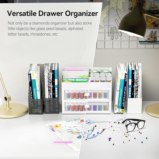 ARTDOT Storage Containers for Diamond Painting Accessories, 2 Drawers with 96 Slots Bead Storage Bottles and Diamond Art Accessories and Tools Rack