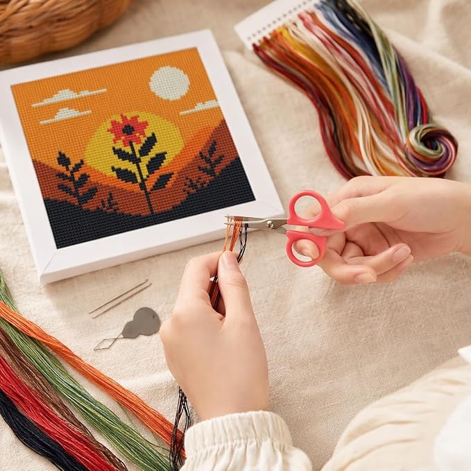 Sunset Floral Landscape Stamped Cross Stitch Kits for Adults with Framed | Flowers Needlepoint Counted Cross Stitch Kits for Beginners Adults with Framed Embroidery Kits Arts and Crafts 6 x 6 inch