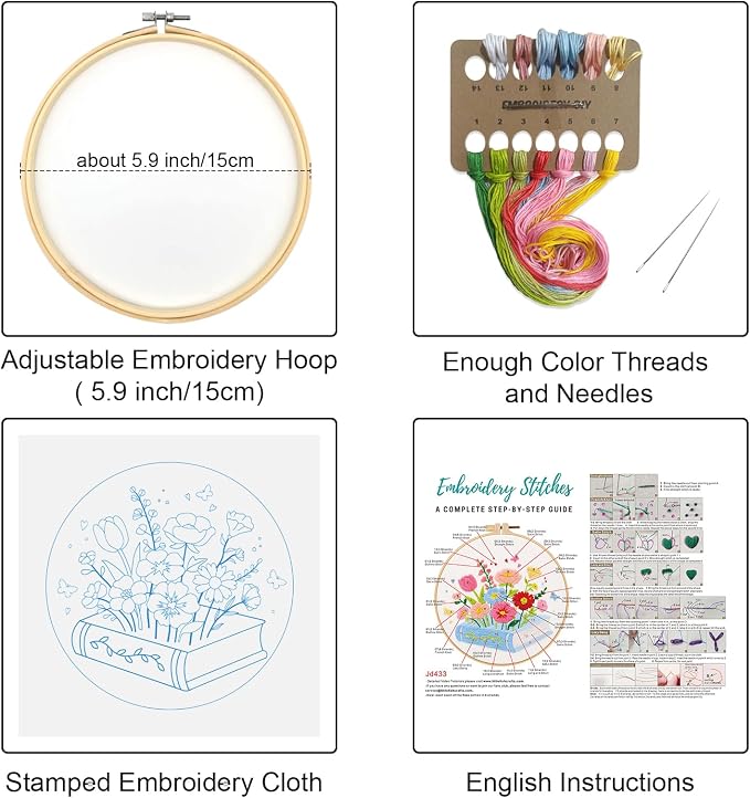 Louise Maelys Floral & Book Embroidery Kit for Beginners DIY Craft Kit | Complete Needlepoint Kit with Embroidery Hoop, Printed Fabric, Color Threads, Needles and Instruction for Easy Hand Stitching