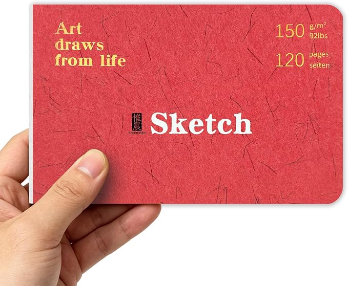 Hardcover Pocket Sketchbook, 3.5" x 5.4" Mini Small Travel Drawing Journal, 92lb/150gsm Heavyweight Paper, 120 Pages Blank Sketch Book for Adults Artists Mixed Media, Ideal Gift,Red