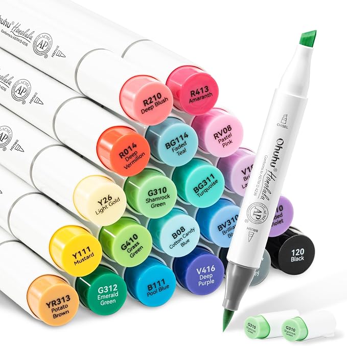 Ohuhu Alcohol Markers 24 Colors Brush& Chisel for Adults Coloring Honolulu