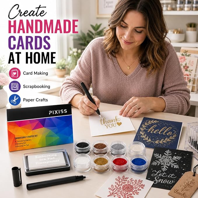 Embossing Kit with Heat Tool Bundle, Embossing Powders, Complete Embossing Starter Kit, Clear Embossing Pen, Embossing Ink Pad, 8X 10ml Embossing Powders for Crafts