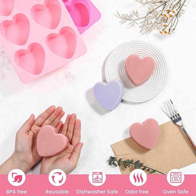 SJ Heart Soap Mold Set, 2-Pack 6-Cavity Silicone Soap Molds | For Soap Making, Candy, Jelly, Chocolate & Wax Melts, Food Grade Silicone, Easy Release, Reusable