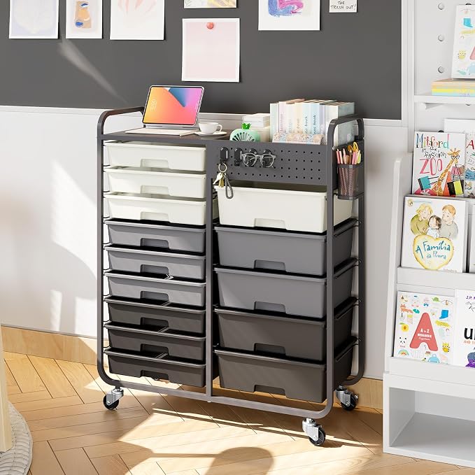 14 Drawer Rolling Storage Cart with Tabletop and Pegboard for Crafts Grey | Easy Setup, Large Capacity, Sturdy Build, Smooth Mobility, For classroom, office and dorm supplies