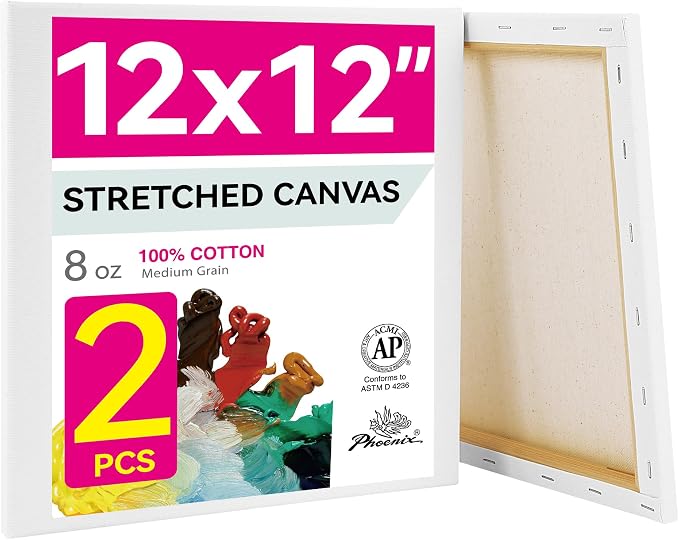 PHOENIX 12x12 Inch Pack of 2 Canvas - 8 Oz Triple Primed 5/8 Inch Profile 100% Cotton White Blank Canvas, Square Framed Canvas for Oil Acrylic & Pouring Art