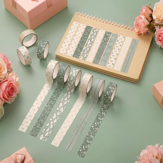 12 Rolls Floral Washi Tape Set,Sage Green,Leaves | Watercolor Flowers Design for Scrapbook Journal DIY Craft School Supplies, 15 mm Vintage Decorative Masking Washi Tapes
