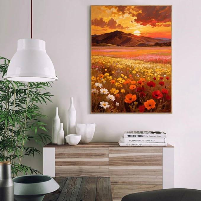 pchmcu Landscape Paint by Numbers Kit for Adults Beginner - Mountain Sunset Adult Paint by Number Kits on Canvas,Flower Oil Paint by Numbers for Home Decor Gift 16x20 inch