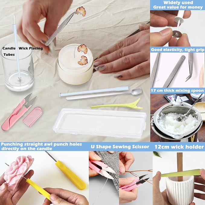 24PCS Candle Making Supplies with Plastic Storage Box Big Eye Long Wick Needle for Candles &Silicone Mold,Punch Needle with Hook Eye,Candle Tool Kit for Beginner,Wicks Placing Tube,Stirring Spoon