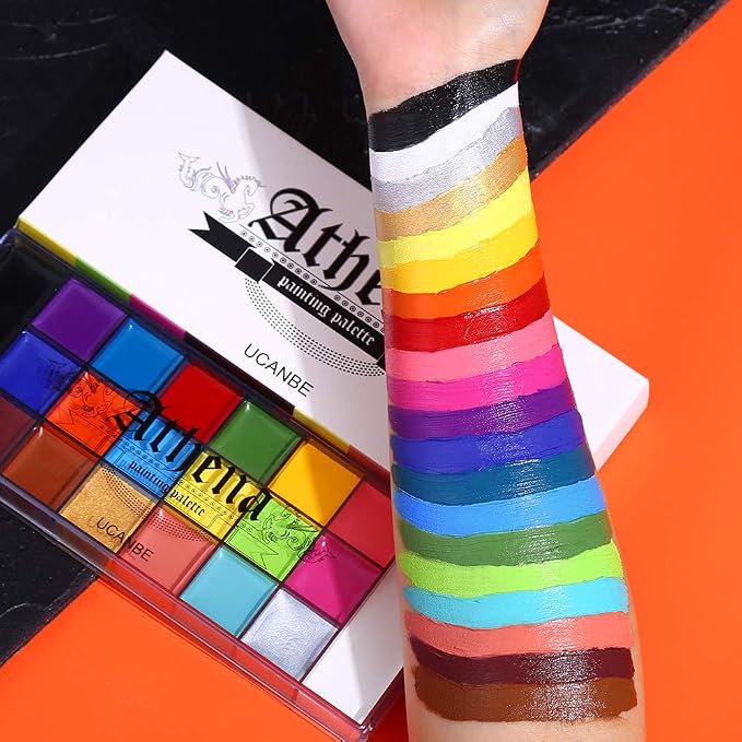 UCANBE Athena Face Body Paint Oil Makeup Set, 20 Colors FX Halloween Party Painting with Stainless Steel Mixing Palette and Spatula Tool,10 pcs Artist Paintbrushes,Tattoo Stencil Arts Crafts kit