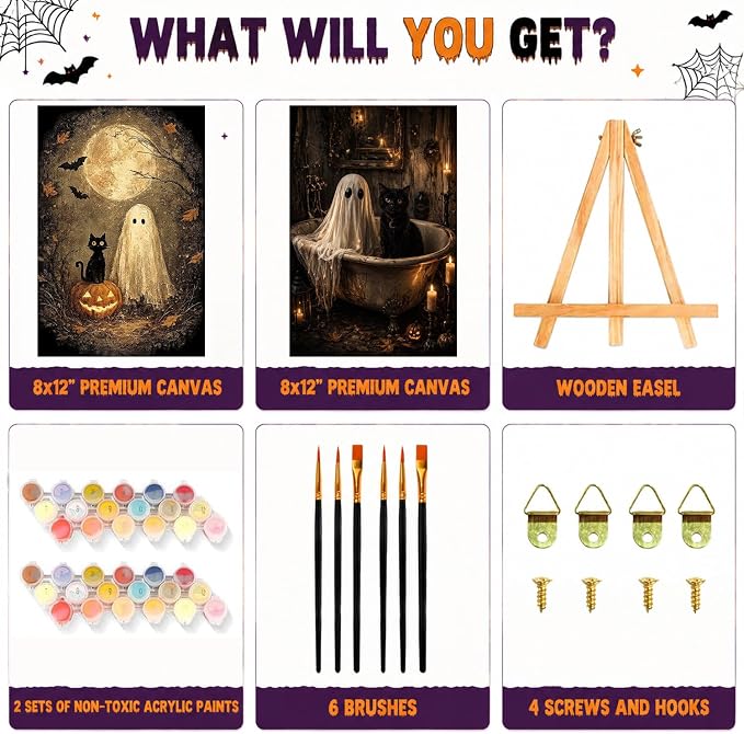 2 Pack Halloween Paint by Numbers Kit for Adults (Ghost&Cat, 8x12inch)
