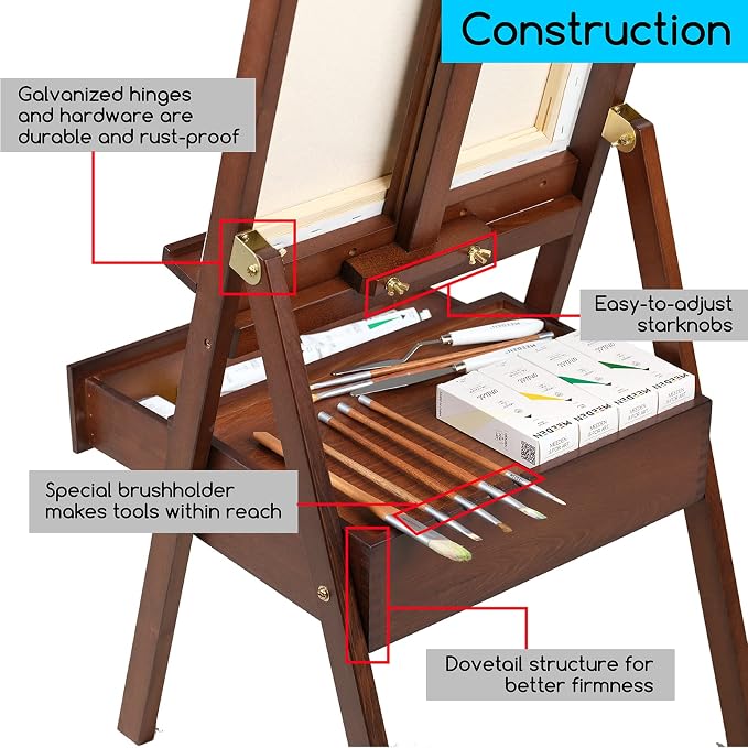 MEEDEN Studio H-Frame Easel with Art Supply Storage Drawer - Adjustable (60"~75") Solid Beech Wood Easel Stand for Artists, Students and Adults, Holds Canvas Art up to 36" - Walnut