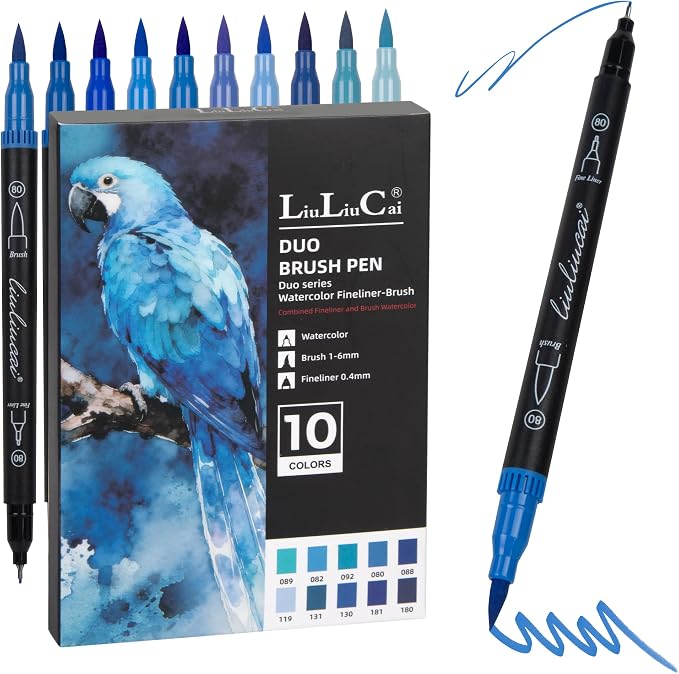 LIULIUCAI 10 Blue Dual Markers, Fine & Brush Tip Pen for Adult Coloring