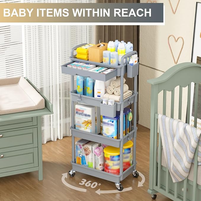 Goovilla 4 Tier Rolling Utility Cart Organizer with Removable Drawer, Grey | Stable and Sturdy Rolling Storage Carts with 2 Lockable Wheels for Bathroom, Kitchen, Snack, Craft, Makeup, Baby Essentials