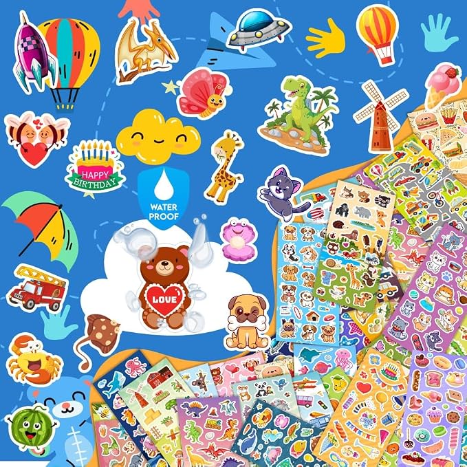 24 Sheets Stickers for Kids & Toddlers, Cute Kids Stickers Variety Pack | Stickers for Scrapbooking, Teachers Classroom Prizes, Goodie Bag Stuffers Including Animals, Cars, Dinosaurs, Hearts and More