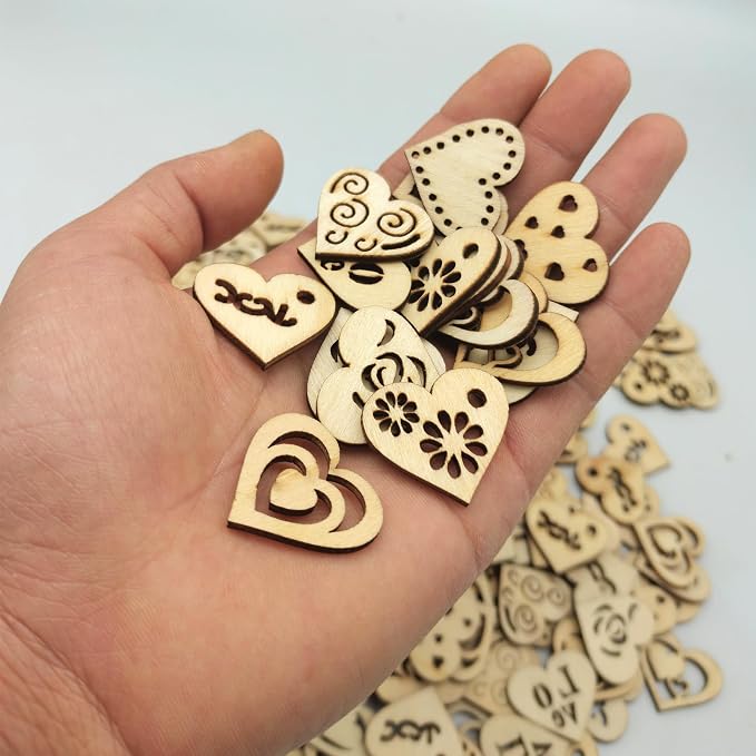 DIYOMR 200Pcs Unfinished Wood Pieces Hollow Wooden Art Decor, Vintage Embellishments Decorative Accessories for Scrapbooking Crafts DIY Home Decor (Heart)