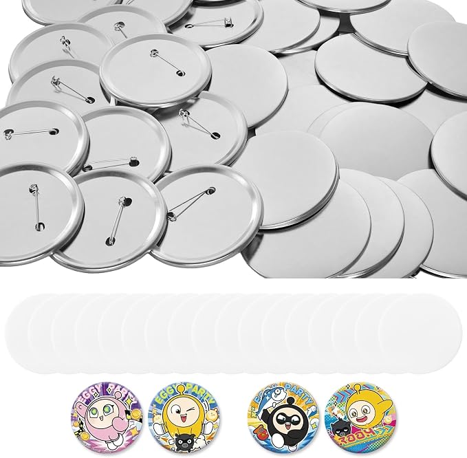 VEVOR Button Maker Supplies 100 Sets 3 in / 75 mm Pin Back Button Parts, with Metal Backs, Metal Shells, Clear Mylar Films, and Blank Circle Papers, for Home DIY, School Events, and Custom Studio