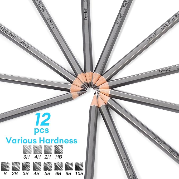 Dyvicl Professional Drawing Sketching Pencil Set - 12 Pieces Drawing Pencils 10B, 8B, 6B, 5B, 4B, 3B, 2B, B, HB, 2H, 4H, 6H Graphite Pencils for Kids, Beginners, Pro Artists