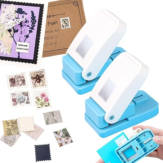 2 Pcs Stamp Punch | Postage Stamp Paper Punches | Portable Lever Action Craft Punch | 1x0.8 inch Rectangular Scalloped Edge Cutter Hole Puncher | for Paper Crafting Scrapbooking DIY Crafts