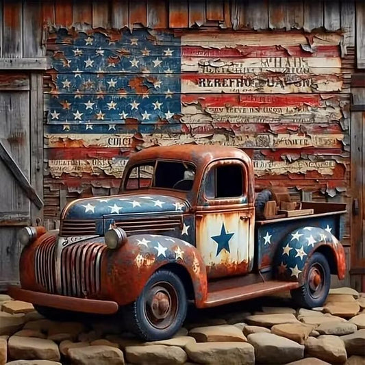 CHWGLFGG 5D Truck Diamond Art Kits for Adults Beginners 13.7x13.7inch | American Flag Diamond Painting Kit, DIY Full Round Drill Paint by Diamonds Dot Gem Art for Adult, Home Wall Decor