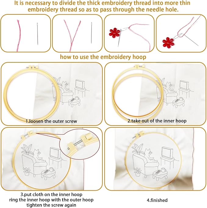 BEUNITONE 4 Set Embroidery Kit for Beginners, Daily Life of Cats Patterns Cross Stitch Kits, Needlepoint Kits for Adults with Hoop, Cute Hand Embroidery Patterns for Cloth and Home Decor