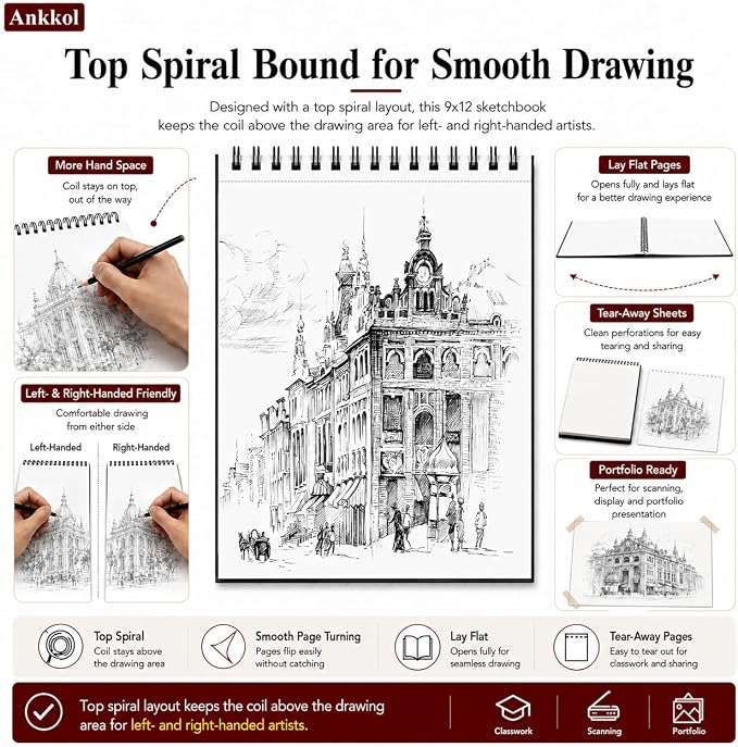 Ankkol Sketch Book 9x12, Top Spiral Bound Sketchbook,100 Sheets_68lb/100gsm | Art Sketch Pad for Kids, Adults, Beginners, Artists, Acid-Free Sketch Paper, Thick Drawing Paper, Hardcover, Perforated Pages