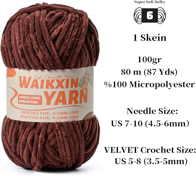 （2 Deep Coffee） 2 Pack Super Soft Fuzzy Chenille Chunky Yarn for Crocheting, 200g (175yds) Fluffy Velvet Yarn for Hand Knitting Baby Blankets Weaving Craft