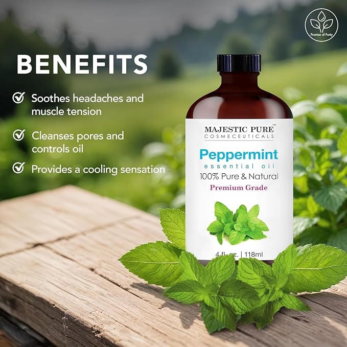 Majestic Pure Peppermint Essential Oil for Diffuser - 4 Fl Oz | 100% Pure and Natural Peppermint Oil for Aromatherapy, Massage, Steam inhalation, Air Freshner, DIY, Soap and Candle Making