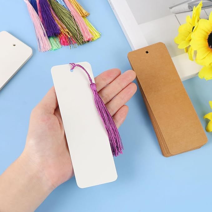 MIDELONG 40 Pcs Kraft Paper Blank Bookmarks with 40 Pcs Colorful Tassels DIY Craft Blank Cardstock Bookmarks for DIY Art Projects, School Supply, Gifts Tags 5.5x2 inch