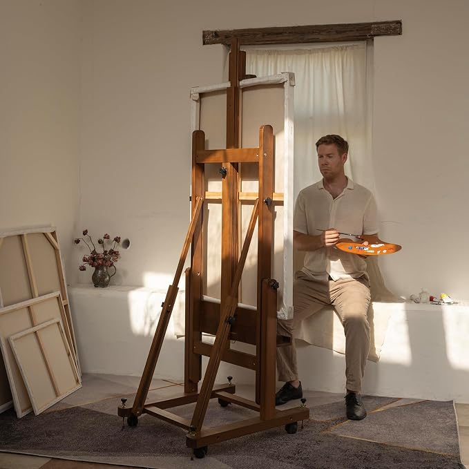 MEEDEN Enlarged H-Frame Art Easel: Solid Beech Wood Artist Heavy Duty Easel | Professional Painting Art Easel Stand for Adults Artist Painters - with 4 Lockable Wheels - Hold Canvas up to 86" - Walnut