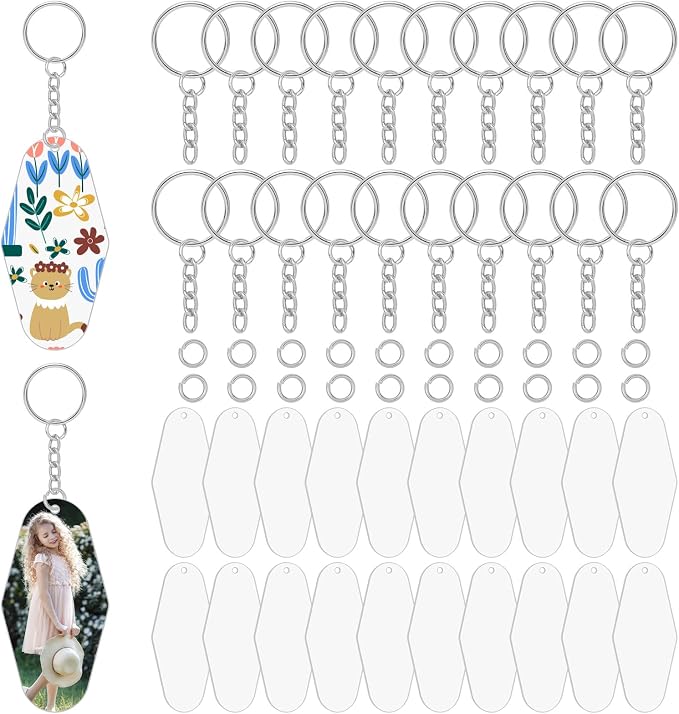 Acrylic Blanks Key Tags Kit,Including 20pcs Motel Hotel Shape Retro Acrylic Board 20 Key Rings with Chains and 20 Open Jump Rings Clear Ornament Blanks with Hole for Vinyl Keychain Making DIY Crafts