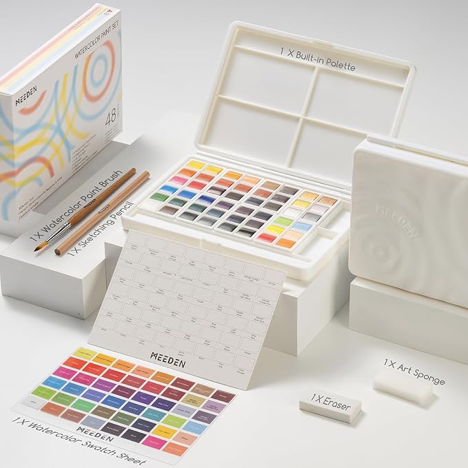 MEEDEN Portable Watercolor Paint Set: 48 Colors Watercolor Paints for Adult | Art Paint Kit with Brush, Palette, Art Supplies - Watercolors Travel Set for Adult Teens Beginner Amateur