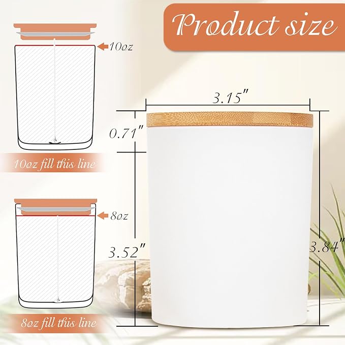 CONNOO 12 Pack 10 OZ White Glass Candle Jars with Bamboo Lids | For Making Candles, Airtight, Sticky Warning Labels, Empty Container Bulk, Dishwasher Safe