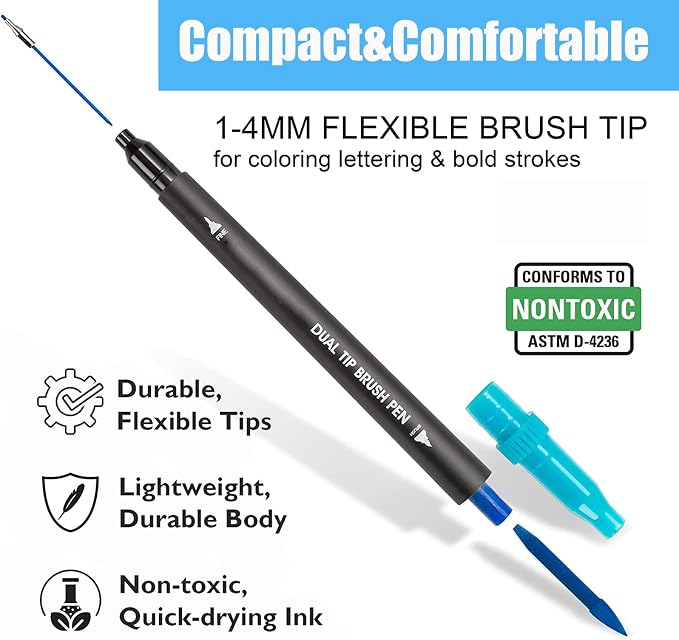 Blue Double Tip Brush Pens Art Markers,24 Colored Artist Fine Brush Pen Coloring Markers for Adult Drawing Art Craft Kit