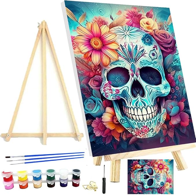 Meothan Framed Paint by Numbers Kits for Adults 12x16in with Wooden Easel | Skull Paint by Number on Canvas, DIY Skull Flowers Acrylic Oil Painting Kits with Brushes for Home Wall Decor (30x40cm)
