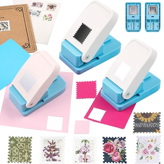 BAOFALI 3Pcs/Set 2 Rectangular Postage Stamp 1X0.8inch with 1" Square Punch Set, Scalloped Rectangle Lever Action Craft Punch for Paper Crafting Scrapbooking DIY Card Making Arts Crafts Supplies