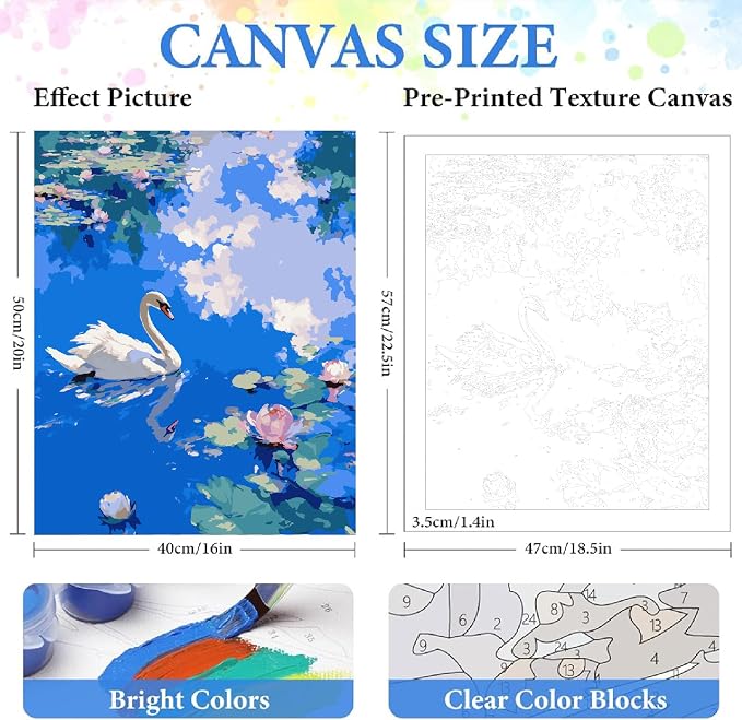 ZRIZQ Paint by Numbers Kit for Adults Beginner Animal,Swan,16x20 | Full set with wooden brushes,rolled canvas,rich paints.Calming activity.Beginner friendly.Just open and paint.
